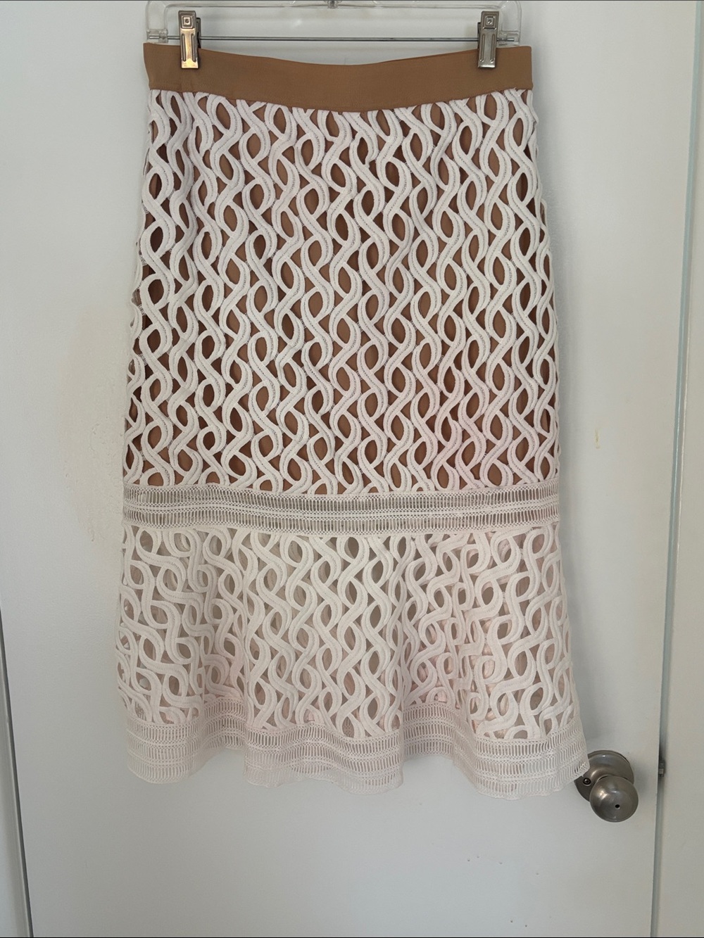 Dotti White Crochet Midi Skirt with Tan Waistband